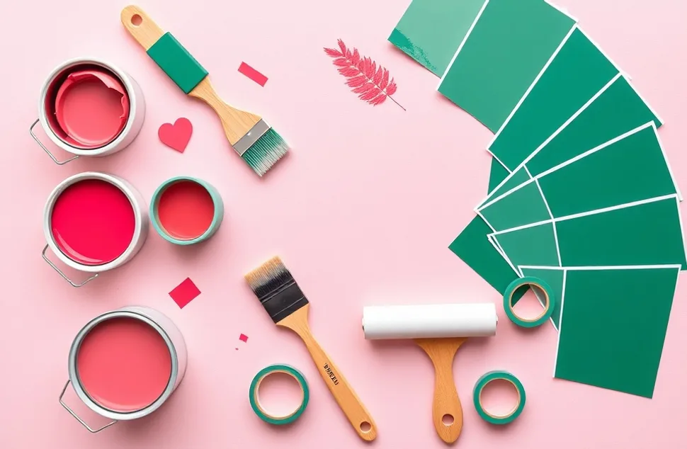 Pots de peinture, nuancier, brosses et rouleaux disposés à plat