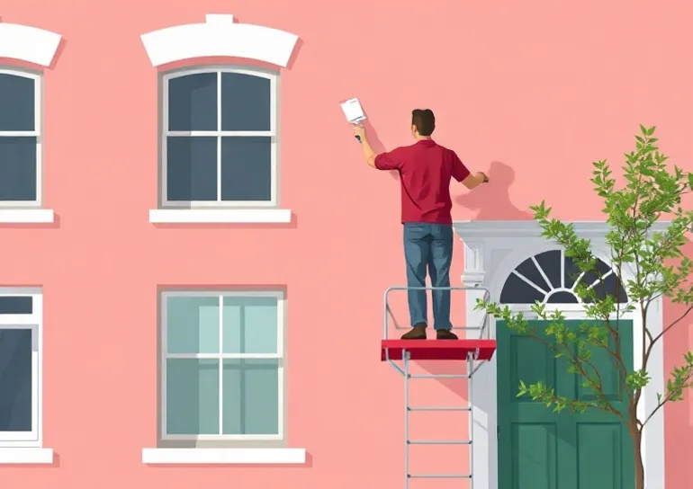 Peintre sur échafaudage traitant la façade d'une maison